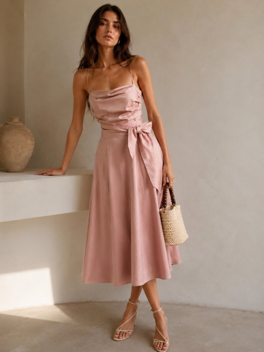 Blush Pink Cotton Fit & Flare Midi Dress Draped Bodice, Tara Jarmon, FR 40, US 8 - Picture 10 of 14